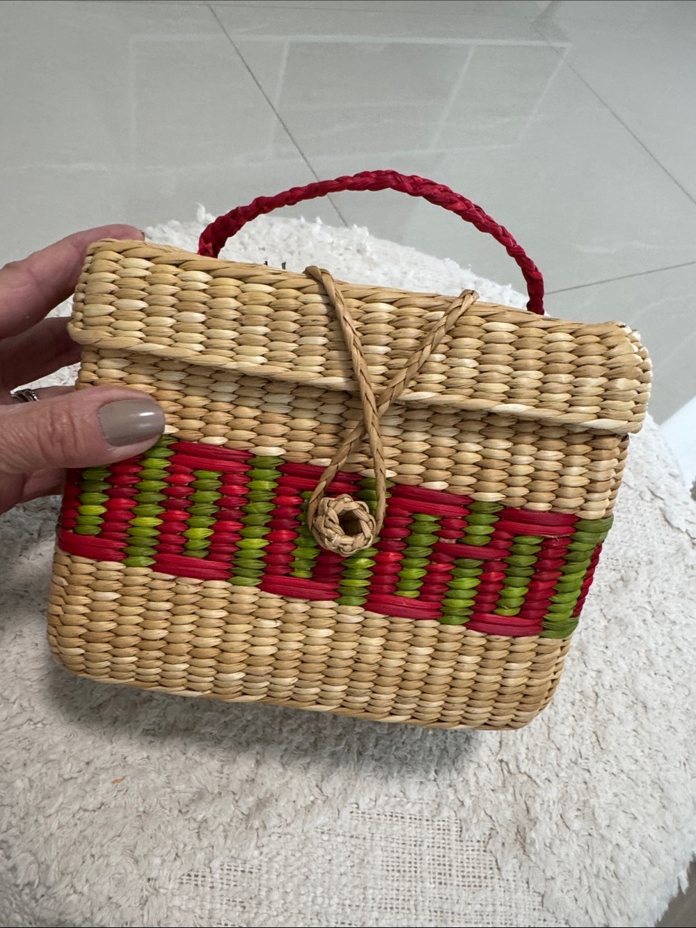 Woven Straw Handbag with Red & Green Accent